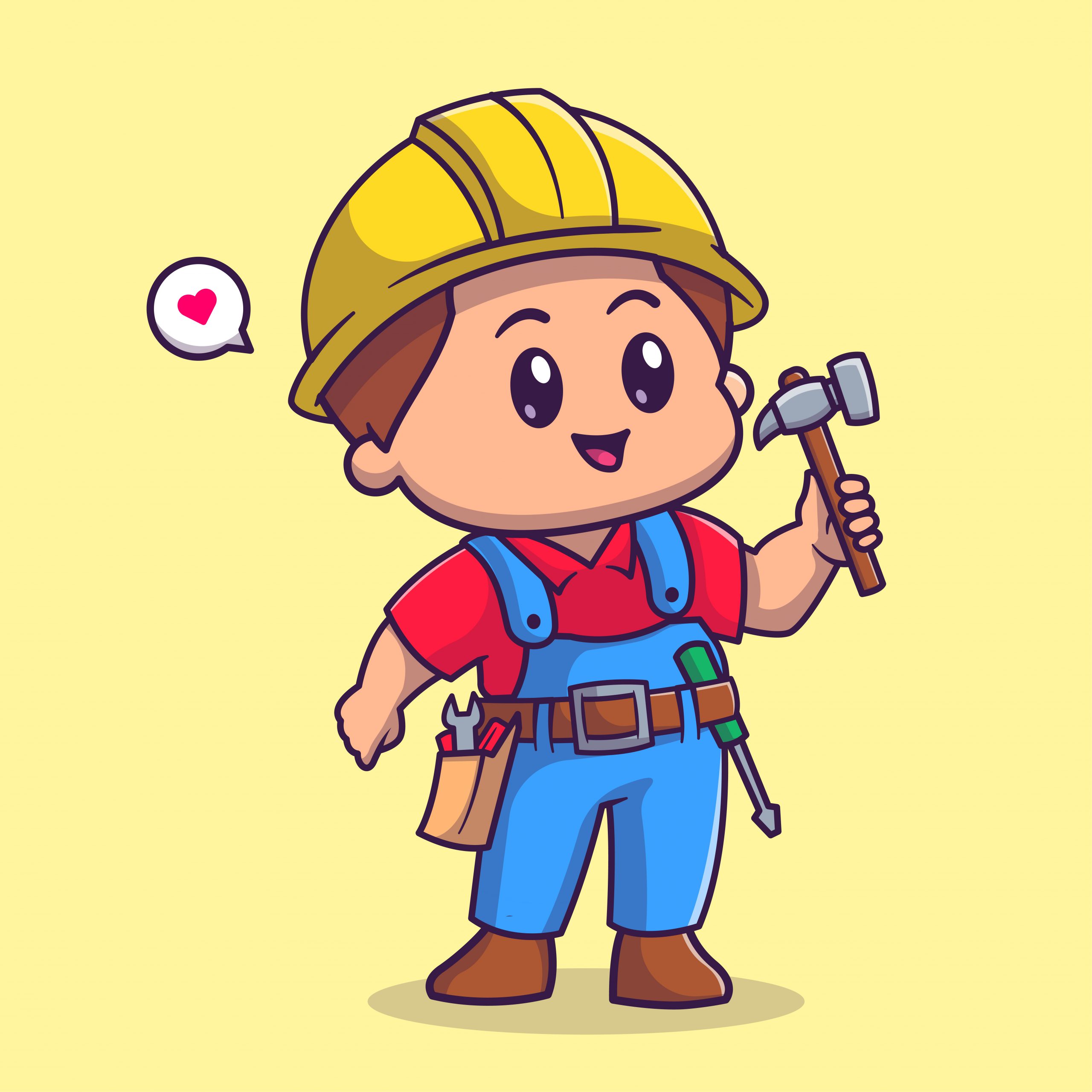 Cute Handyman Holding Hammer Cartoon Vector Icon Illustration. People Construction Icon Concept Isolated Premium Vector. Flat Cartoon Style